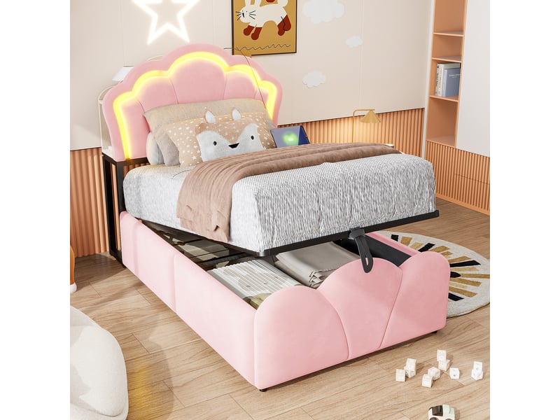  Lit coffre 90x200 cm, lit enfant, rangement hydraulique, led, motif floral, velours rose  - Conforama A