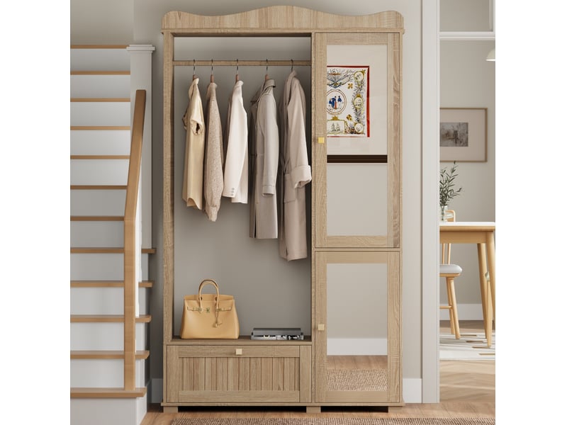  Armoire vestiaire 115,5x38,5x194,5 cm avec miroir et penderie ouverte mdf chêne clair  - Conforama E