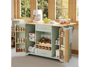 Desserte de cuisine 138 x 45 à 70 x 92 cm vert antique en mdf, plan de travail rabattable et rangement