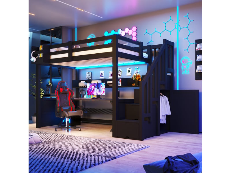  Lit mezzanine modenvie 90 x 200 cm avec escalier de rangement, éclairage led, rangements intégrés, noir  - Conforama D