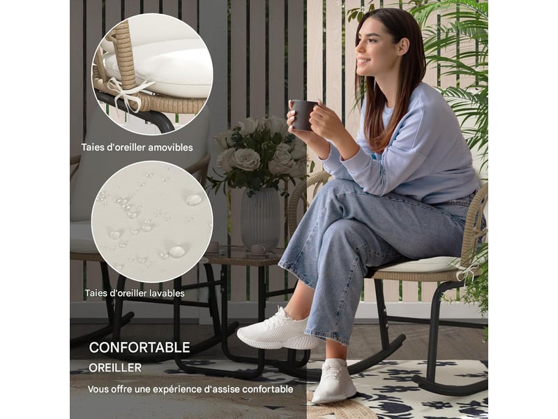  Salon de jardin 3 pièces 2 fauteuils à bascule et table en résine tressée crème  - Conforama D