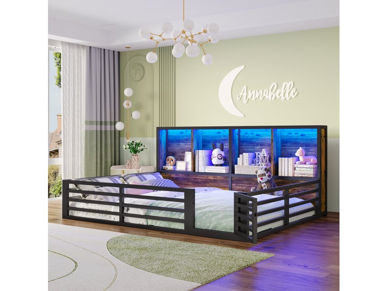Lit enfant 140x200 cm en métal noir avec rangement latéral et éclairage led - Conforama D