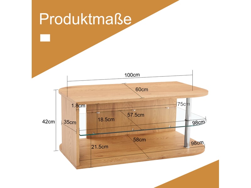  Table basse ulevr avec rangement sur étagère en verre et tablette inférieure, 100 x 60 x 42 cm, mdf couleur bois naturel  - Conforama C