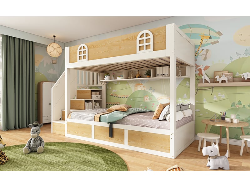  Lit superposé enfant 90x200 cm blanc et naturel bois et métal avec échelle armoire de rangement garde-corps sécurité et sommier inclus sans matelas Sol Morn - Conforama B