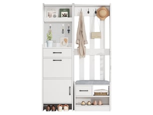 Meuble d'entrée vestiaire 110x35x175,5 cm, 7-en-1 avec banc à chaussures, porte-manteau, 2 tiroirs, aggloméré blanc