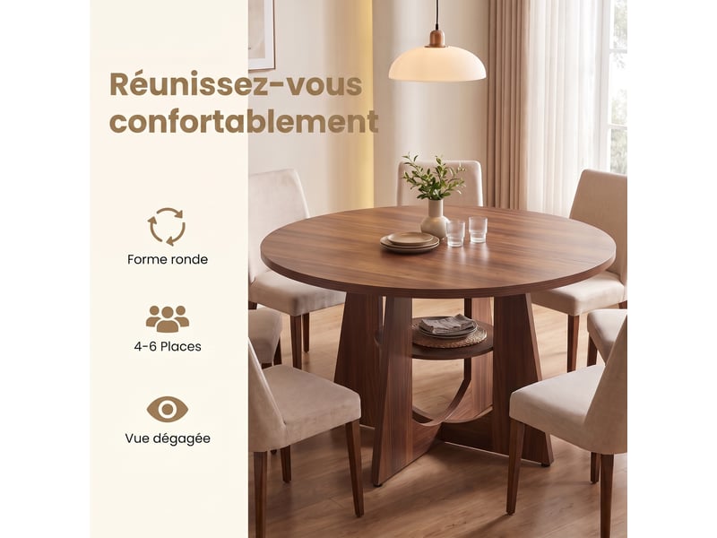  Table à manger ronde avec pied central et étagère, 120 x 120 x 75 cm, marron noyer  - Conforama C