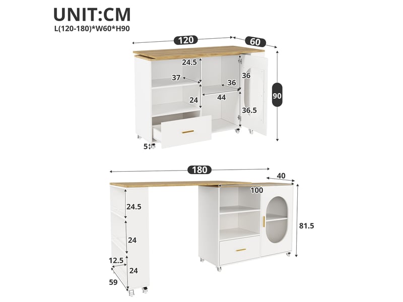  Îlot de cuisine mobile 120-180x60x90 cm plateau rotatif 360° naturel et blanc  - Conforama C