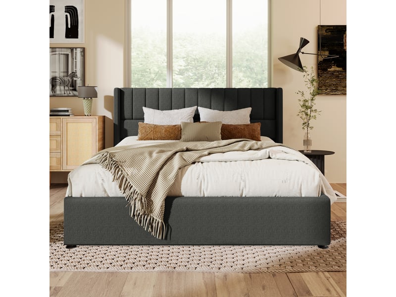  Lit double 160x200 cm avec matelas, lit double avec tête de lit en lin, cadre de lit adulte avec espace de rangement, gris  - Conforama D