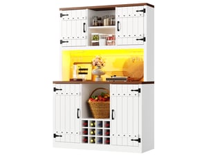 Vaisselier blanc buffet de cuisine industriel avec led rgb, armoire porte de grange avec casier à vin et étagères réglables, 120x180cm
