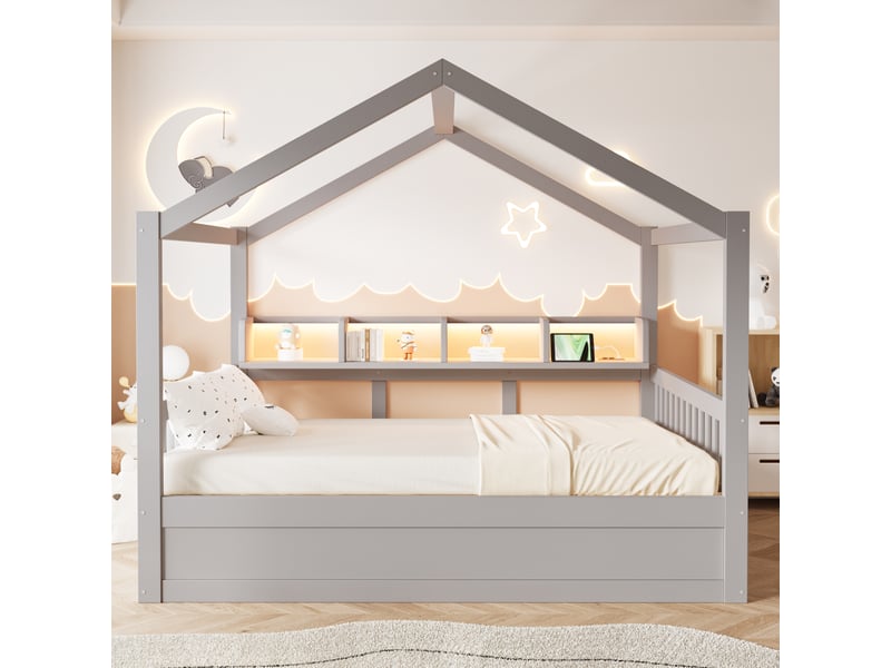 Lit cabane avec coffre hydraulique 140 x 200 cm gris - étagères, éclairage led et prises - Conforama D