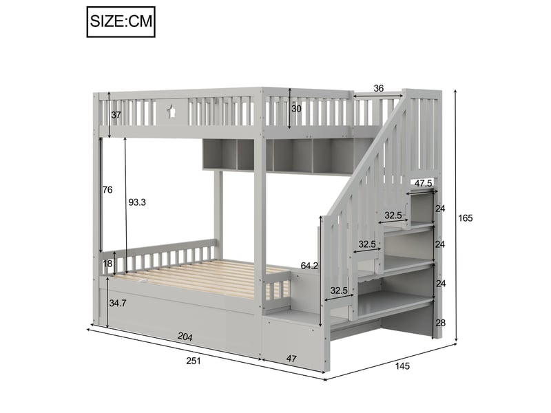 Lit superposé 140 x 200 cm avec rangement hydraulique, étagères et escalier gris - Conforama C