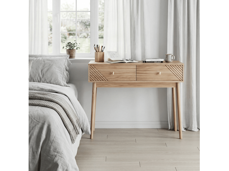  Bureau console avec 2 tiroirs et niches ouvertes style mid-century pour salon et entrée en mdf couleur chêne  - Conforama B