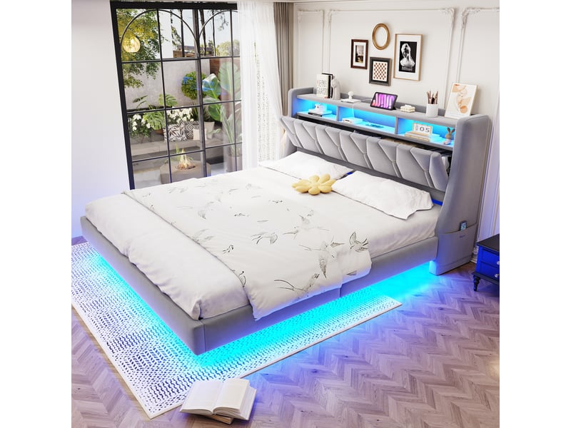  Lit plateforme 180x200 velours gris clair, tête réversible avec prises et rangements led, design suspendu, pieds élargis  - Conforama B