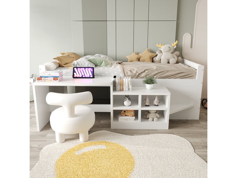 Lit enfant 90x200 cm blanc avec bureau et rangements - lit simple en bois - Conforama D