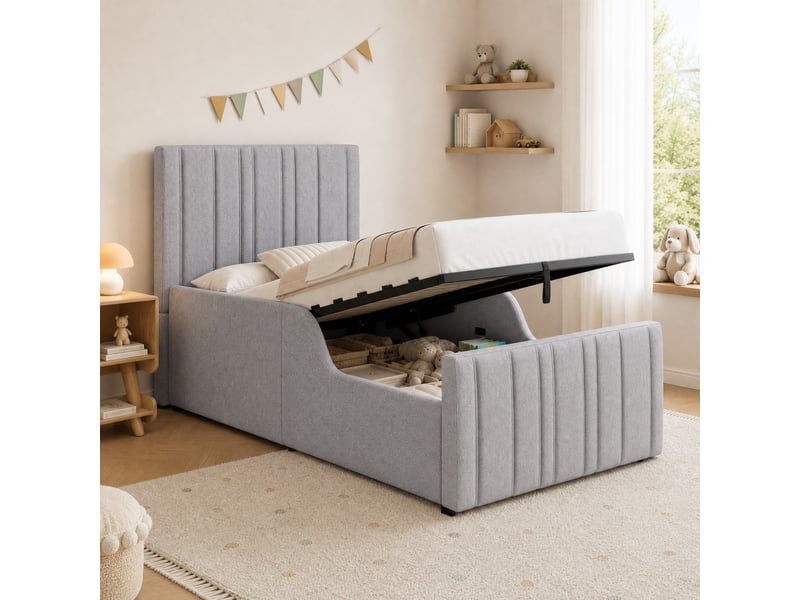  Lit coffre enfant simple 90×200 cm, sommier inclus, grand rangement, tête rembourrée - okmyhome- sans matelas, lin gris  - Conforama C