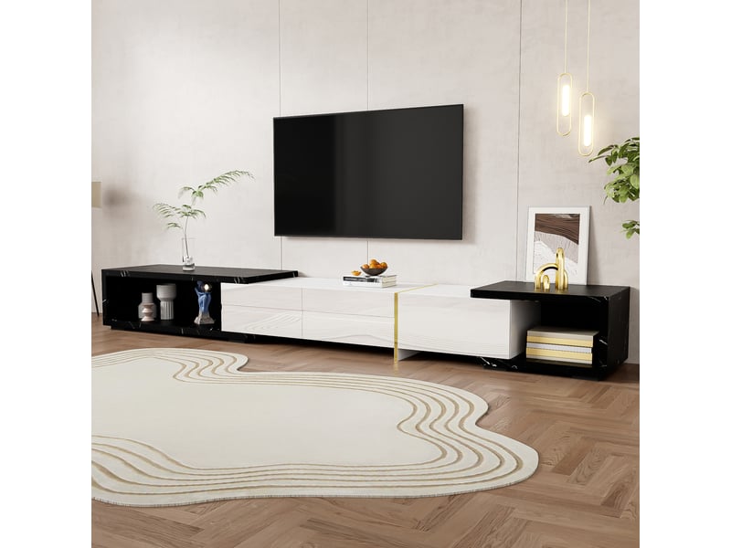 Meuble tv extensible 140–260 cm noir, effet marbre et blanc brillant, détails dorés, design moderne  - Conforama D