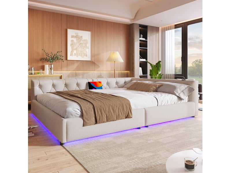  Lit de jour 140x200 cm avec éclairage led 7 couleurs, ports usb et type-c, beige sans matelas  - Conforama D