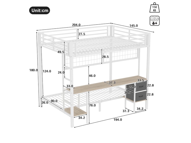 Lit mezzanine double 140×200 cm avec bureau, tiroirs, led et usb - sans matelas, métal - blanc - Conforama D