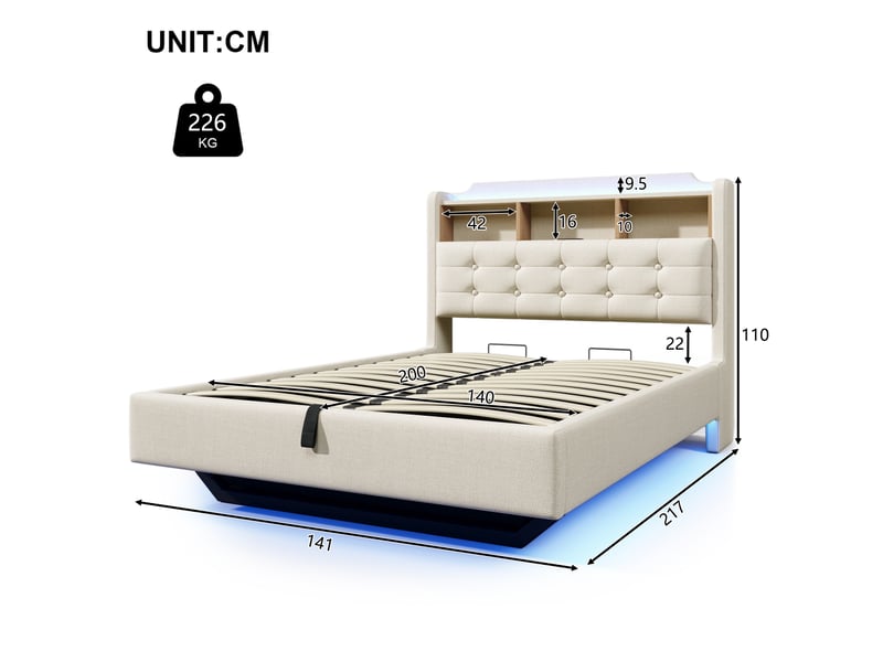  Lit capitonné, 140 × 200 cm, avec bande lumineuse led, rangement hydraulique, compartiments de rangement, design suspendu, matelas non inclus, ports usb et type-c, revêtement en lin, beige  - Conforama C