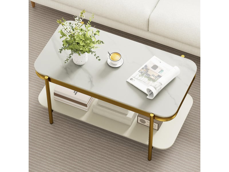  Entretien facile, table basse rectangulaire 2 niveaux avec plateau en pierre frittée et étagère en métal  - Conforama B