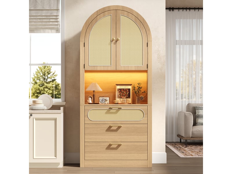 Vitrine chêne clair 80 cm - portes rotin, led réglable - 1 vitrine, 2 niches, 3 tiroirs - salon - Conforama C