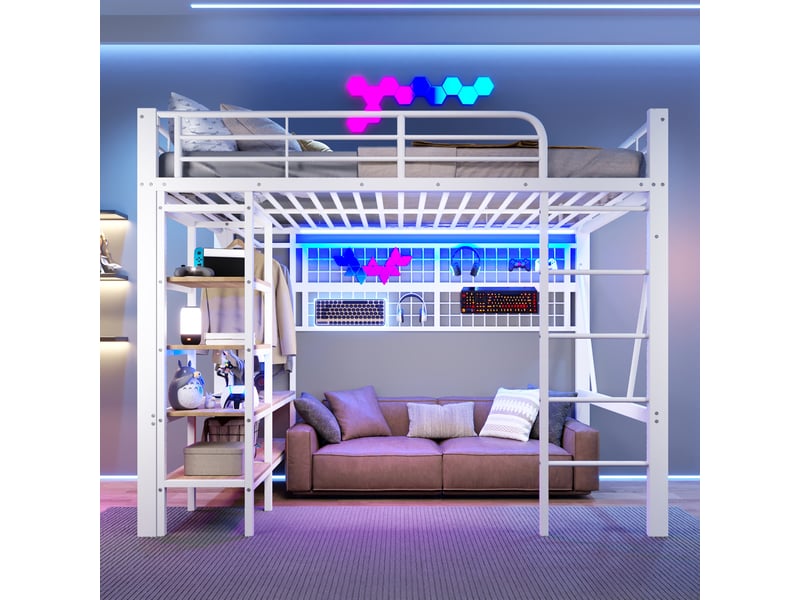  Lit mezzanine 140 x 200 cm, structure métal, led, bureau, étagères, panneau perforé, usb, sans matelas, blanc  - Conforama D