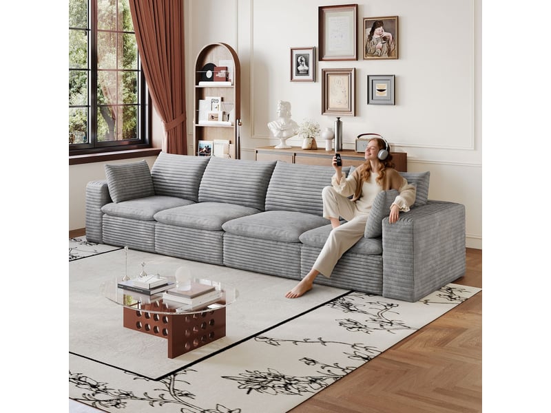  Canapé tissu côtelé design double couche coussins amovibles sans montage gris foncé style nuage  - Conforama B