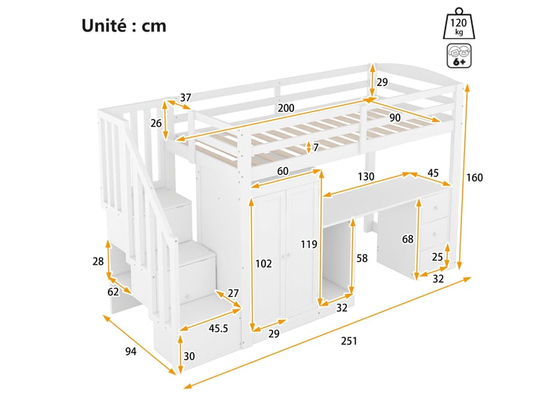  Lit mezzanine 90x200 cm - lit simple avec tiroirs et penderie - pin et mdf - sans matelas - blanc  - Conforama C