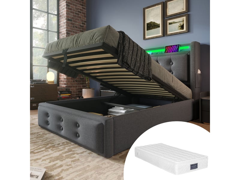  Lit coffre 90 x 200 cm avec matelas, led, prises et usb-c - gris  - Conforama C