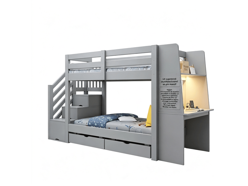  Lit superposé enfant 90x200 cm gris avec bureau, éclairage led et tiroirs de rangement  - Conforama A