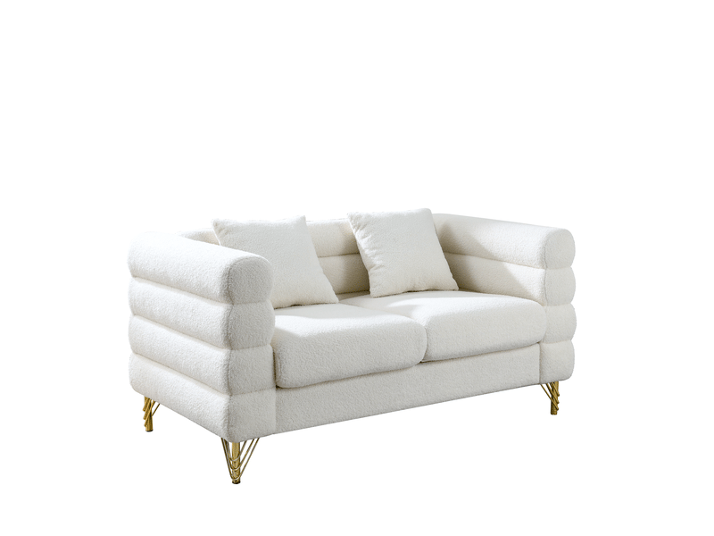 Canapé 2 places style nuage en tissu teddy blanc, dossier et accoudoirs ondulés, pieds métal doré, assise mousse et ressorts, coussins inclus - Conforama A
