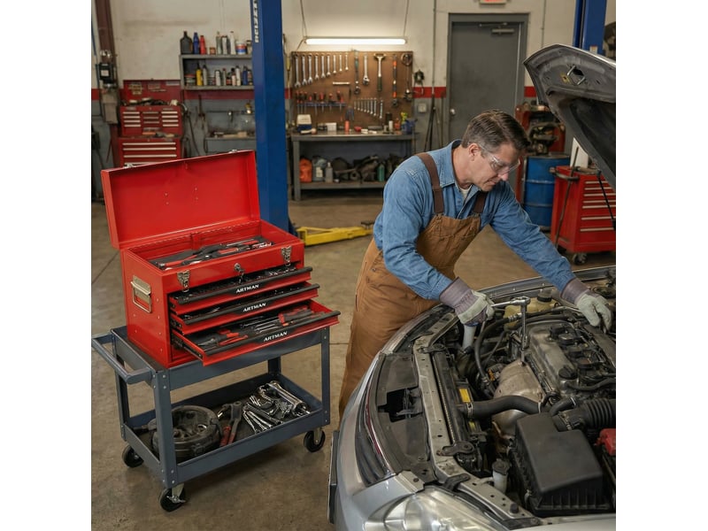 Boîte à outils 20 pouces en acier rouge et noir avec tiroirs, rangement pratique pour atelier et garage - Conforama B