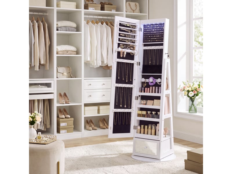  Armoire à bijoux miroir sur pied avec rangement pivotant à 360° verrouillable 48,5 x 48,5 x 152,3 cm blanc et noir  - Conforama B