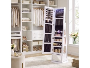 Armoire à bijoux miroir sur pied avec rangement pivotant à 360° verrouillable 48,5 x 48,5 x 152,3 cm blanc et noir