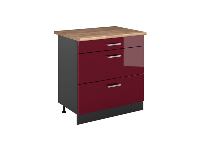  Vicco meuble cuisine, rouge brillantanthracite, 80cm avec 3 tiroirs plan de travail chêne doré  - Conforama A