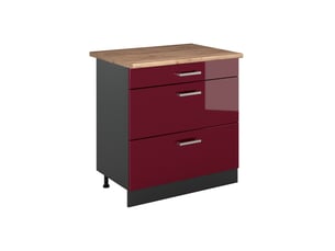 Vicco meuble cuisine, rouge brillantanthracite, 80cm avec 3 tiroirs plan de travail chêne doré