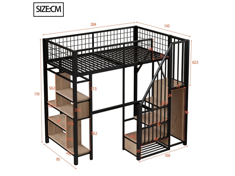  Lit mezzanine 90x200cm avec rangements, escalier sécurisé - lit simple - étagères - barrière de sécurité - noir  - Conforama C