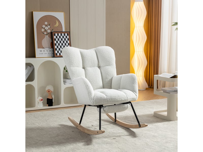  Rocking chair blanc en tissu teddy, fauteuil relax avec repose-pieds escamotable pour salon et chambre  - Conforama B
