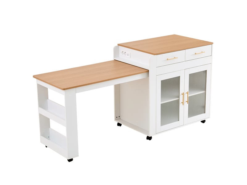  Îlot de cuisine extensible blanc avec prises et rangements 177 cm Fay Lum - Conforama A