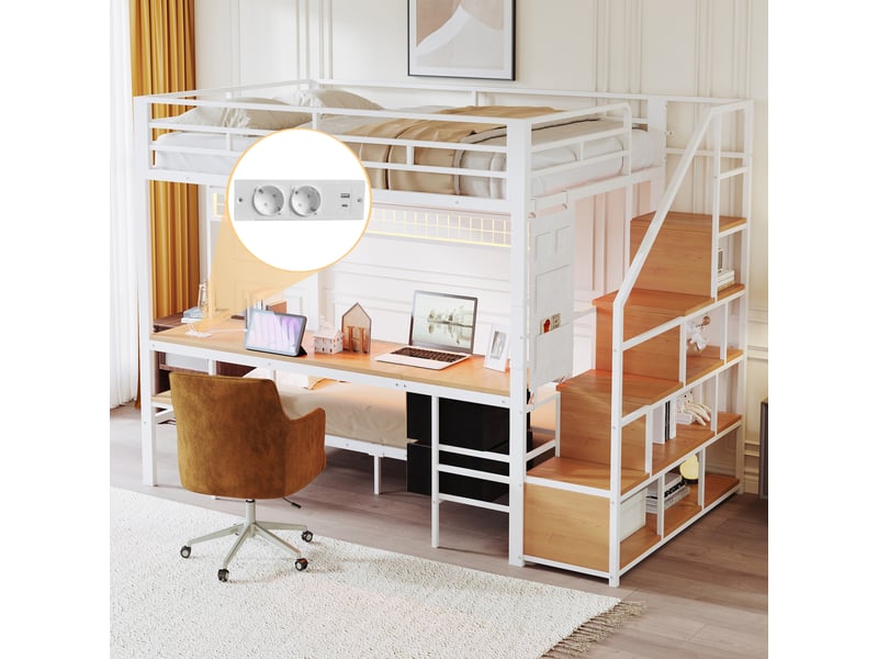  Lit mezzanine 140x200 cm avec bureau, led et prises - rangement et lit 90x200 cm - métal et bois - blanc  - Conforama D