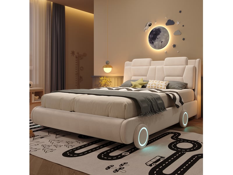 Lit enfant voiture 140x200 cm, avec matelas non inclus, tête de lit réglable, roues lumineuses, velours beige crème - Conforama D