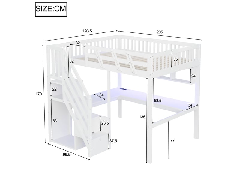 Lit mezzanine 140×200 cm avec rangement, bureau et led, bois, blanc, sans matelas - Conforama C