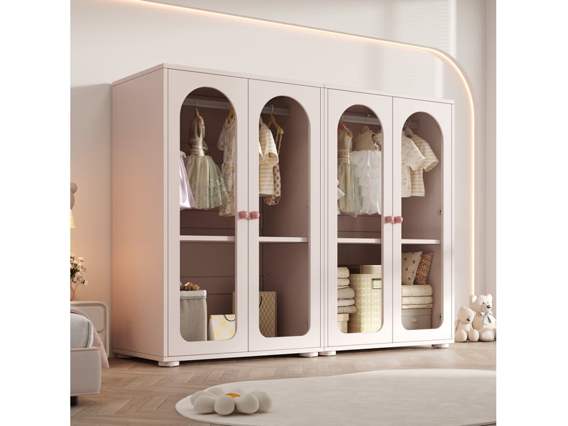  Armoire lot de 2 avec portes transparentes, penderie et étagères réglables laquée pour chambre en mdf rose 160×50×120 cm  - Conforama D
