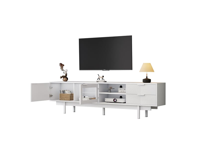  Meuble tv 200x40x50, design moderne avec 2 portes et 2 tiroirs, grand rangement et capacité de charge 45kg meuble tv avec rangement  - Conforama A