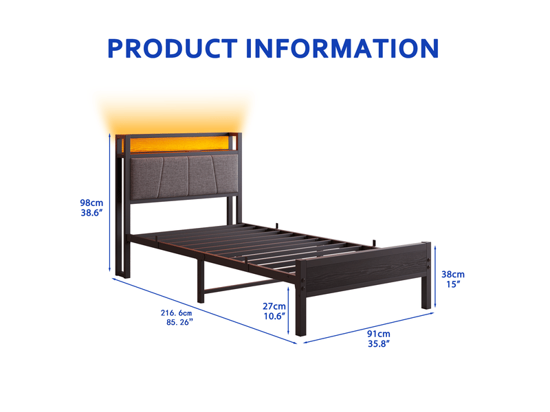  Lit simple 90x200 cm, lit jeune, couleur noir, mdf et métal, led équipé de prise et usb  - Conforama C
