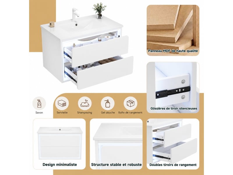  Meuble vasque suspendu blanc 76 cm avec lavabo intégré, 2 tiroirs et éclairage led  - Conforama E