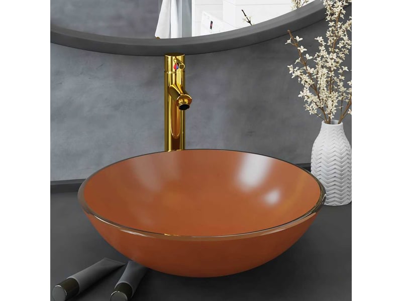 Lavabo de bain, vasque à poser avec robinet et drain à poussoir verre trempé cf65655 - Conforama B