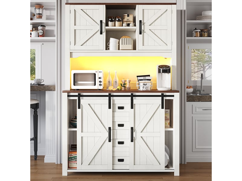 Buffet 115x40x175 cm - portes coulissantes, éclairage led, finition laquée noir et blanc, meuble salon - Conforama B