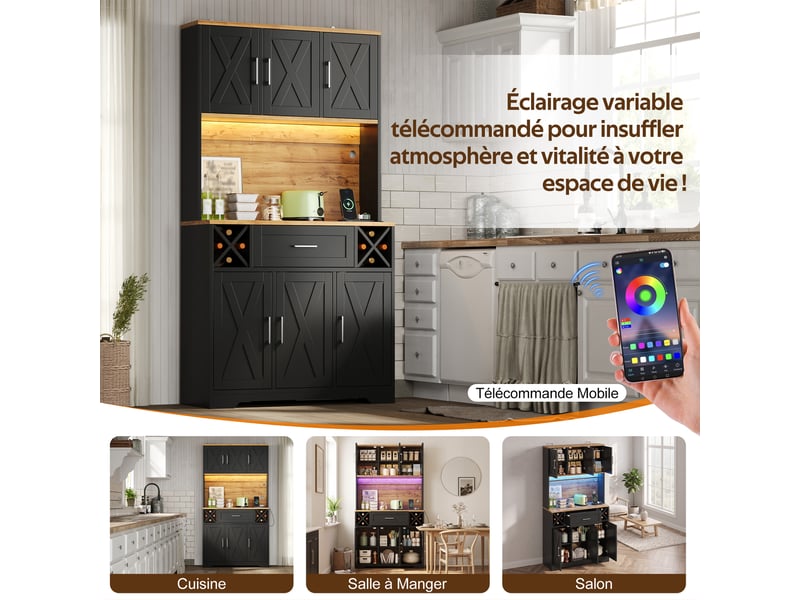 Vaisselier haut meuble de cuisine avec éclairage led rgb range bouteilles et prises électriques 105x40x180 cm  - Conforama R