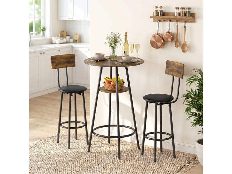  Ensemble table de bar industrielle avec 2 tabourets rembourrés, repose-pieds, structure en métal, table de cuisine avec étagère, marron rustique  - Conforama C